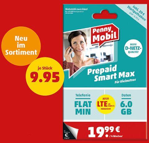 Penny Mobil: Prepaid Smart Max im Wert von 20 Euro für 9,95 Euro