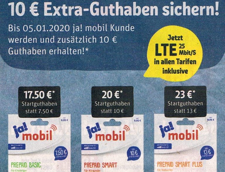 Ja Mobil 10 Euro ExtraGuthaben bis zum 5. Januar Discountfan.de