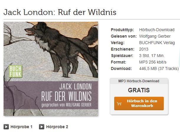 Gratis: Hörbuch "Ruf der Wildnis" mit drei Stunden Spielzeit zum Nulltarif