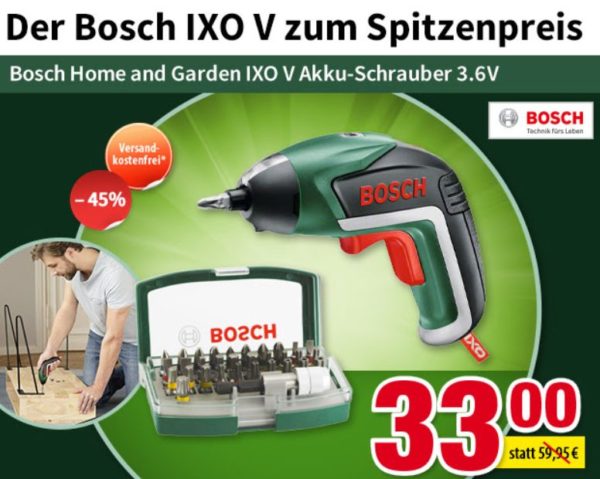 Voelkner: Akkuschrauber Bosch IXO V mit Bitsatz für 33 Euro frei Haus