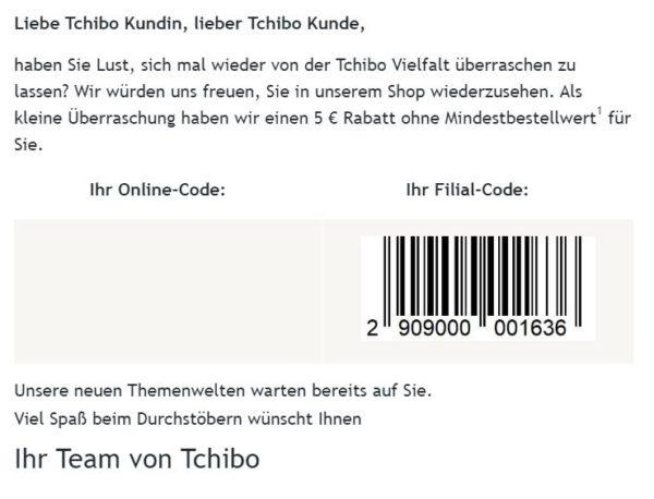 Tchibo: Filial-Gutschein über 5 Euro ohne Mindestbestellwert