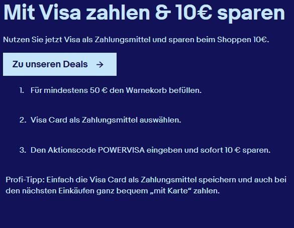 Ebay: 10 Euro Rabatt bei Zahlung mit Visacard