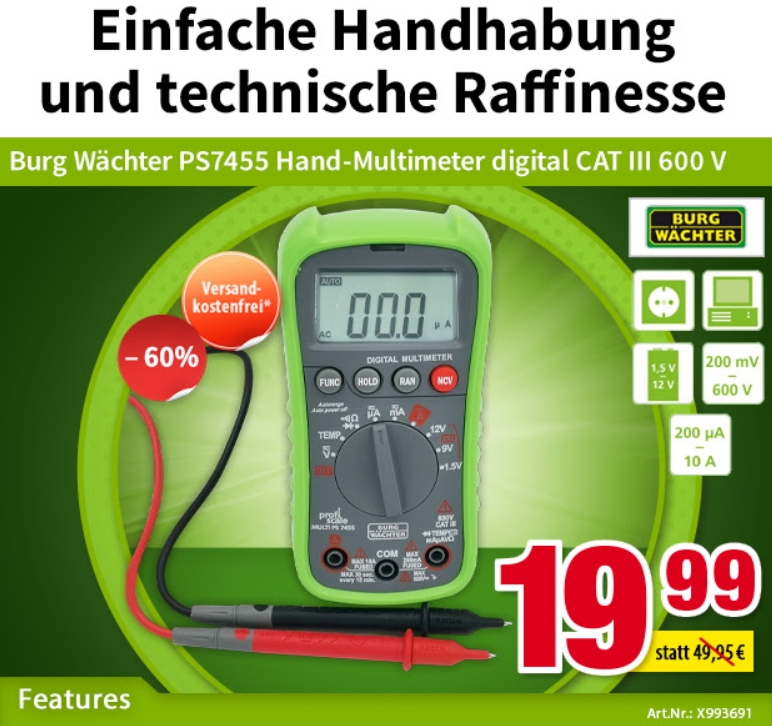 Völkner: Multimeter "Burg Wächter PS7455" zum Bestpreis von 19,99 Euro