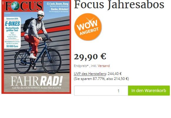Wieder da: Jahresabo Focus für 29,90 statt 244,40 Euro