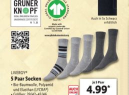 Lidl: Fünferpack Socken mit Sozial-Siegel “Grüner Knopf” für 4,99 Euro