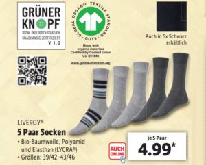 Lidl: Fünferpack Socken mit Sozial-Siegel "Grüner Knopf" für 4,99 Euro
