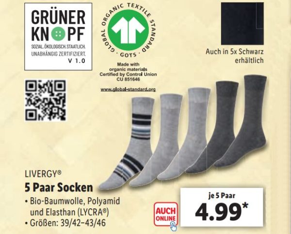 Lidl: Fünferpack Socken mit Sozial-Siegel "Grüner Knopf" für 4,99 Euro