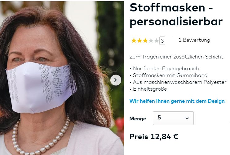 Knaller: Individuelle Stoffmasken im Fünferpack für 12,84 Euro (Bild: Vistaprint)