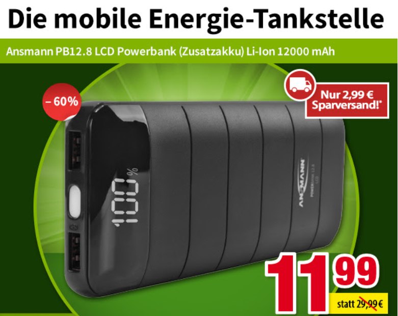 Völkner: Powerbank Ansmann PB12.8 mit 12.000 mAh für 14,98 Euro