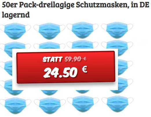 Knaller: 50er-Pack dreilagige Schutzmasken für 24,50 Euro plus Versand