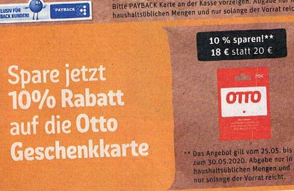 Rewe: Otto-Geschenkekarte mit 10 Prozent Rabatt für 18 Euro