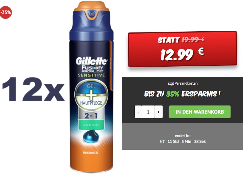 Dealclub: 12er-Pack "Gillette Fusion ProGlide Sensitive" Gel für 12,99 Euro