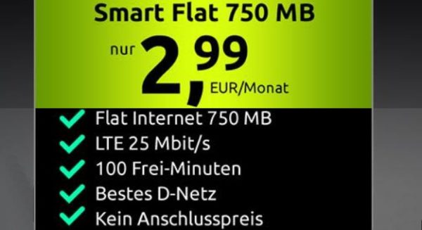 Knaller: 750 MByte Daten und 100 Freiminuten im D-Netz für 2,99 Euro