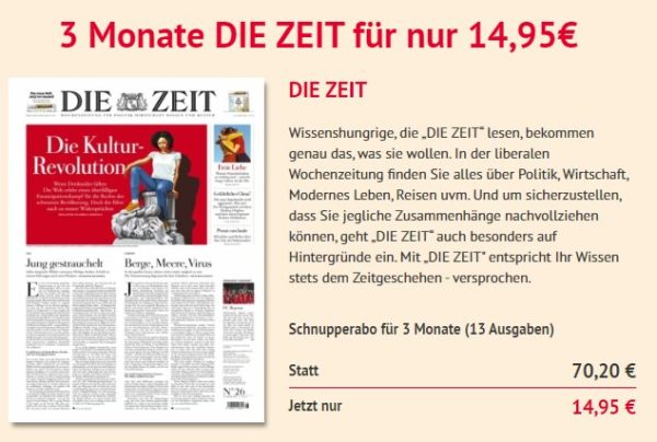 Die Zeit: 13 Ausgaben für zusammen 14,95 Euro frei Haus