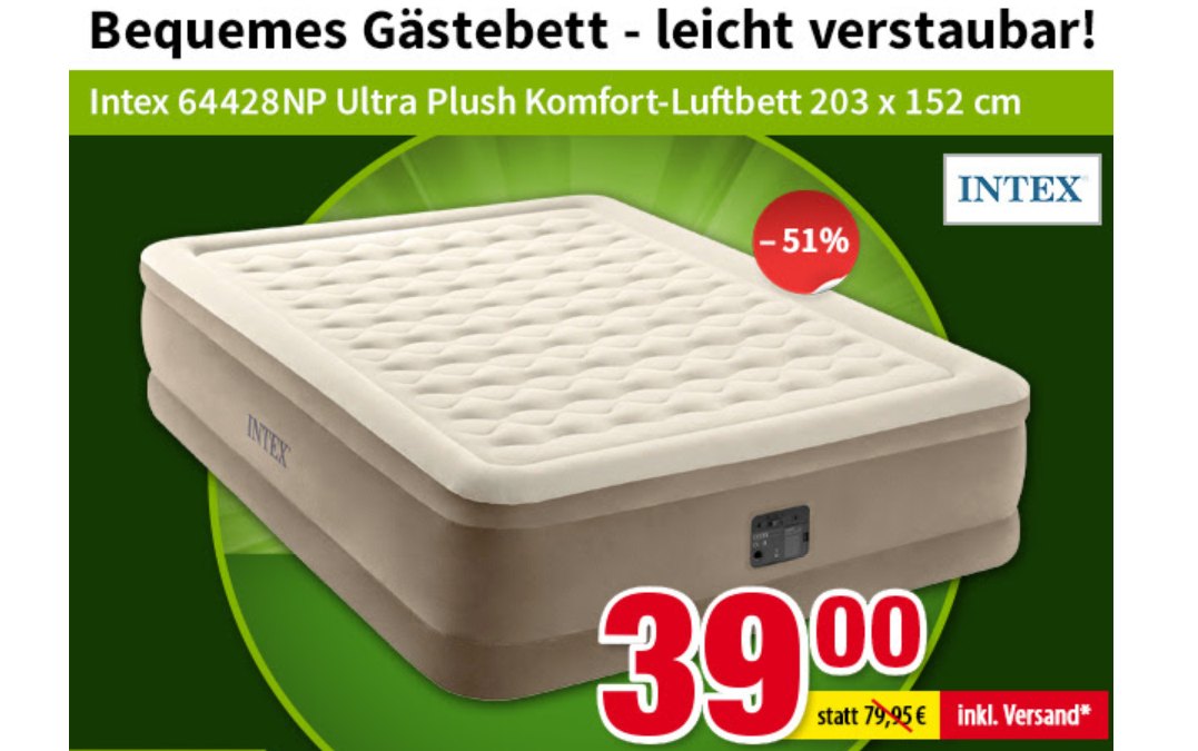 Völkner: Intex-Luftbett mit integrierter Pumpe für 39 Euro frei Haus