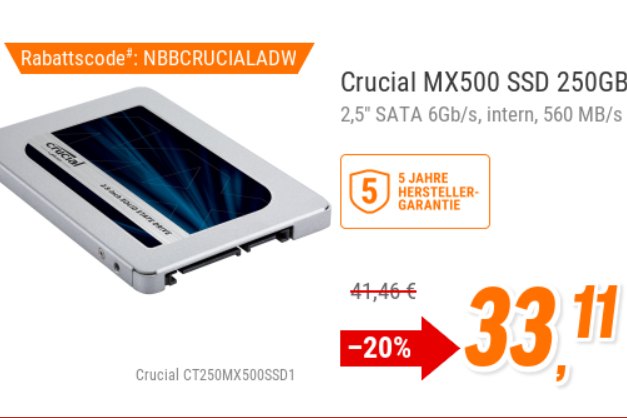 NBB: Crucial-SSD mit 256 GByte und 5 Jahren Garantie für 33,11 Euro