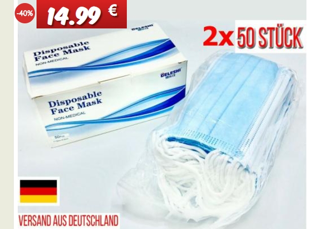 Dealclub: 100er-Pack Masken für 14,99 Euro plus Versand