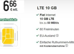 Smartmobil: Monatlich kündbare LTE-Flat mit 10 GByte für 6,66 Euro