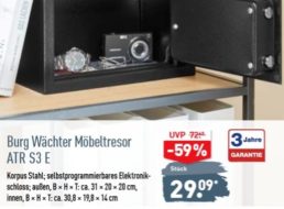 Aldi: Möbeltresor “Burg Wächter  ATR S3 E” für 29,09 Euro