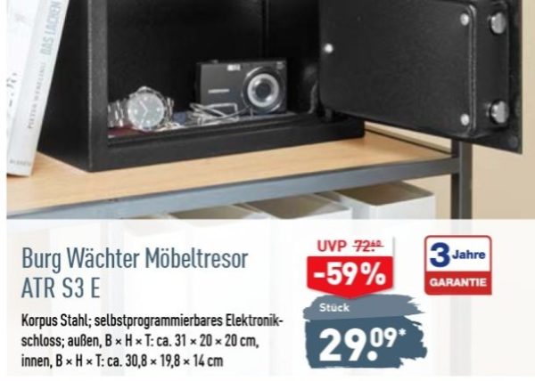 Aldi: Möbeltresor "Burg Wächter ATR S3 E" für 29,09 Euro