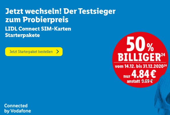 Lidl Connect: Starterpaket mit 10 Euro Guthaben für 4,84 Euro –