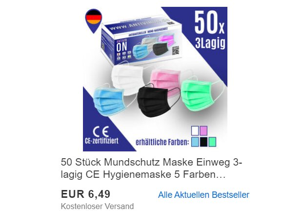 Ebay: 50er-Pack Einwegmasken ab 5,81 Euro frei Haus