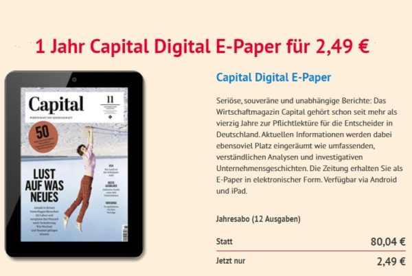 Capital: Jahresabo als ePaper für 2,49 Euro, via Paypal zahlbar