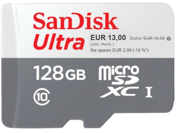 Ebay: Sandisk Ultra Speicherkarte mit 128 GByte für 13 Euro frei Haus