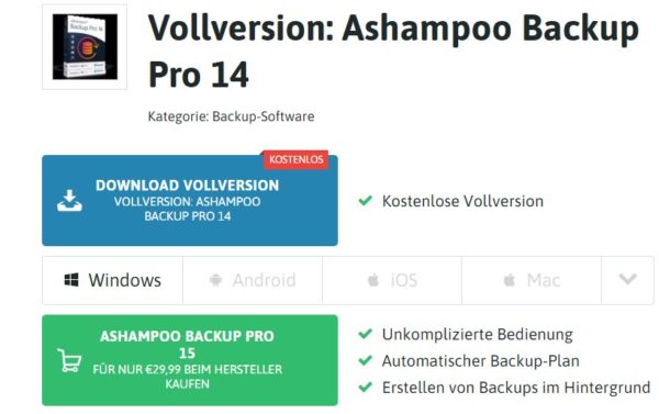 Gratis: Vollversion "Ashampoo Backup Pro 14" zum Nulltarif