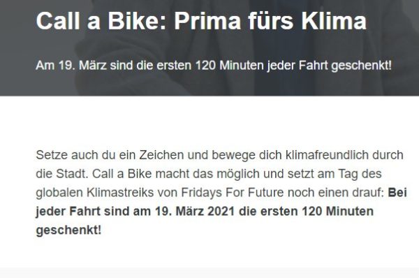 Call a Bike: Zwei Stunden gratis Rad fahren am 19. März
