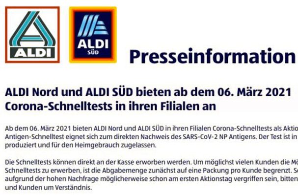 Aldi: Corona-Schnelltests im Fünferpack für 25 Euro ab 6. März