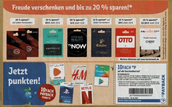Rewe: Guthabenkarten mit bis zu 20 Prozent Rabatt bis Sonntag