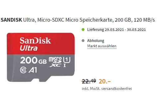 Saturn: Micro-SDXC mit 200 GByte für 20 Euro frei Haus