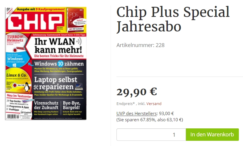 Chip Plus: 12 Ausgaben mit 24 DVDs für 29,90 Euro frei Haus
