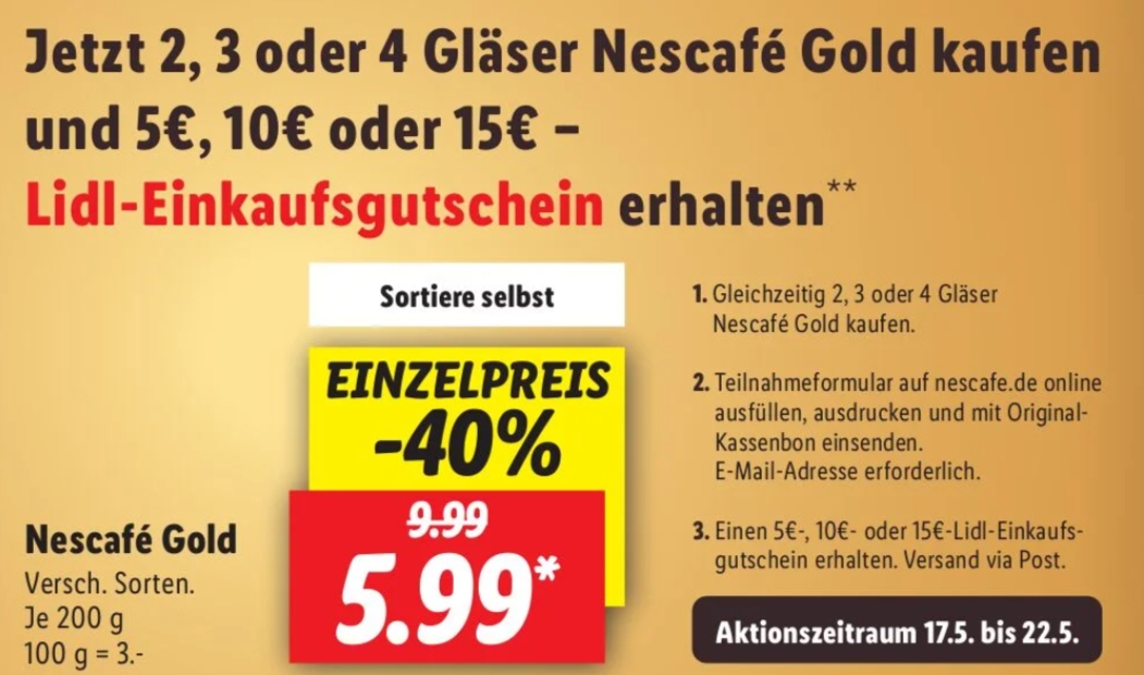 Lidl: Einkaufsgutschein zu "Nescafé Gold" geschenkt