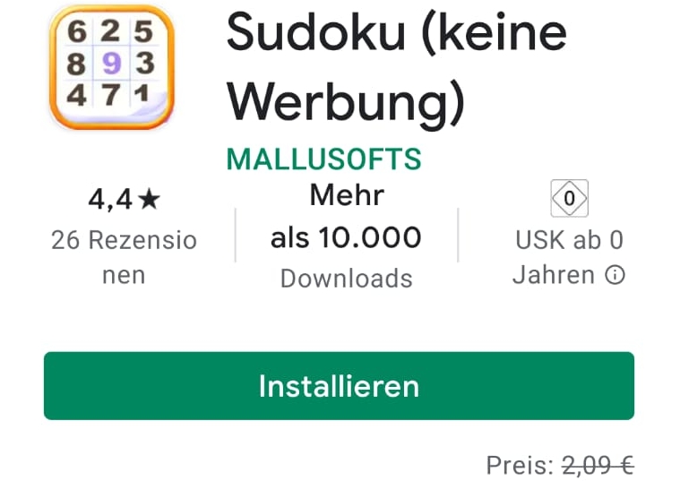 Gratis: App "Sudoku (keine Werbung)" bei Google Play zum Nulltarif