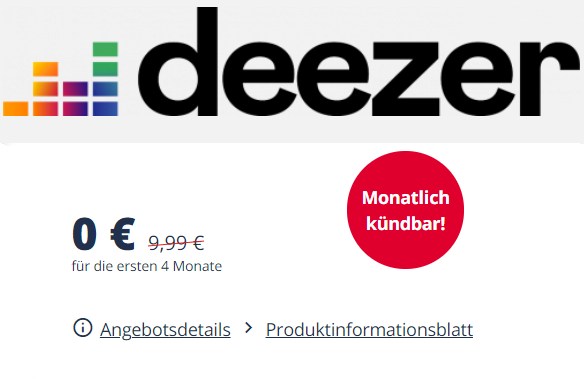 Gratis: 4 Monate Deezer Premium für 0 Euro