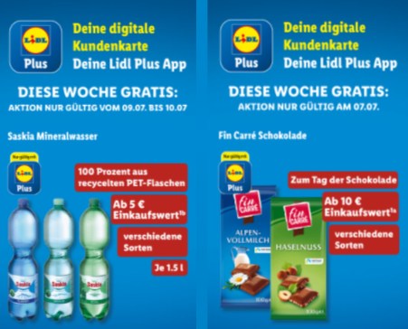 Gratis: Schokolade und Wasser via "Lidl Plus" zum Nulltarif