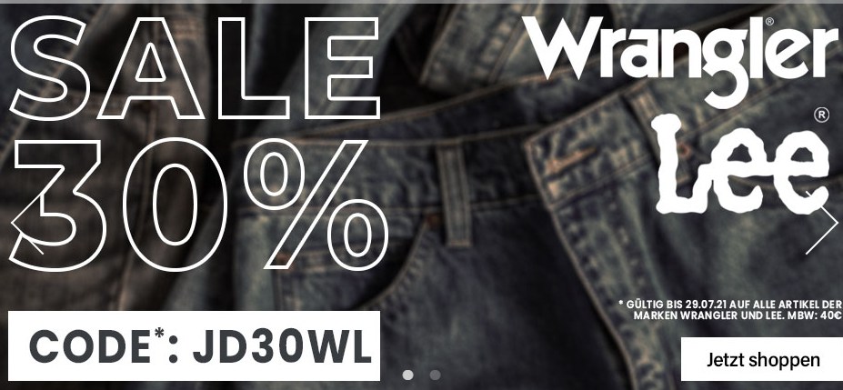 Jeans Direct: 30 Prozent Rabatt auf Sale-Artikel von Lee und Wrangler