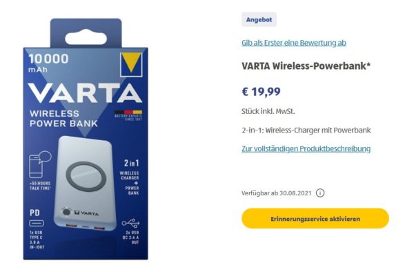 Aldi-Süd: "Varta Wireless-Powerbank" zum Bestpreis von 19,99 Euro