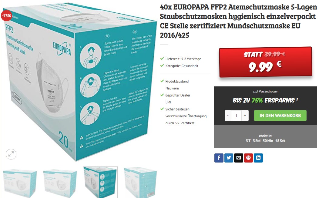 Dealclub: 40er-Pack gut bewertete FFP2-Masken für 9,99 Euro frei Haus