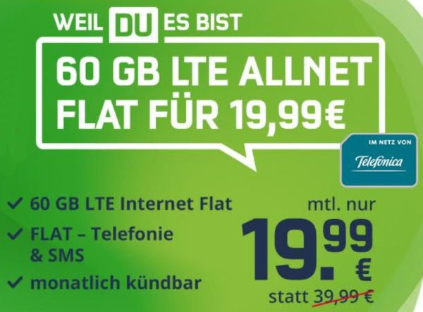 Knaller: Monatlich kündbare LTE-Flat mit 60 GByte für 19,99 Euro