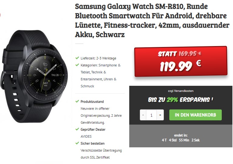 Dealclub: Samsung Galaxy Watch SM-R810 für 119,99 Euro