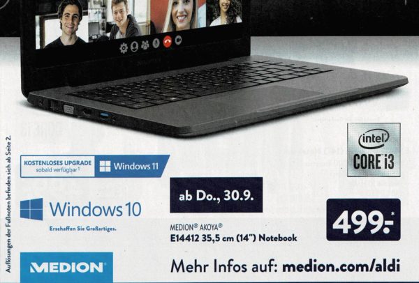 Aldi-Notebook: Medion Akoya E14412 für 499 Euro im Süden