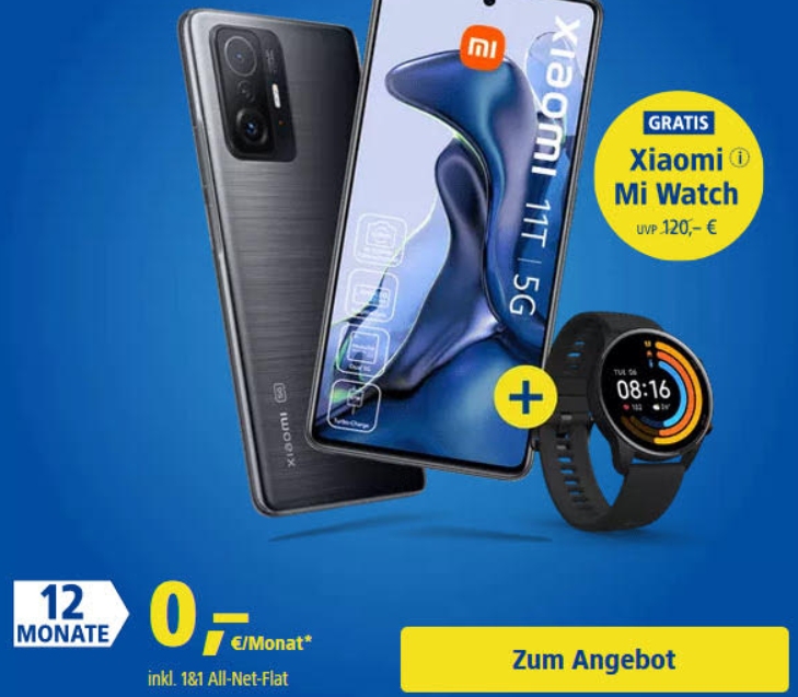 1&1: LTE-Flat mit Xiaomi 11T samt Smartwatch for komplett 639,87 Euro