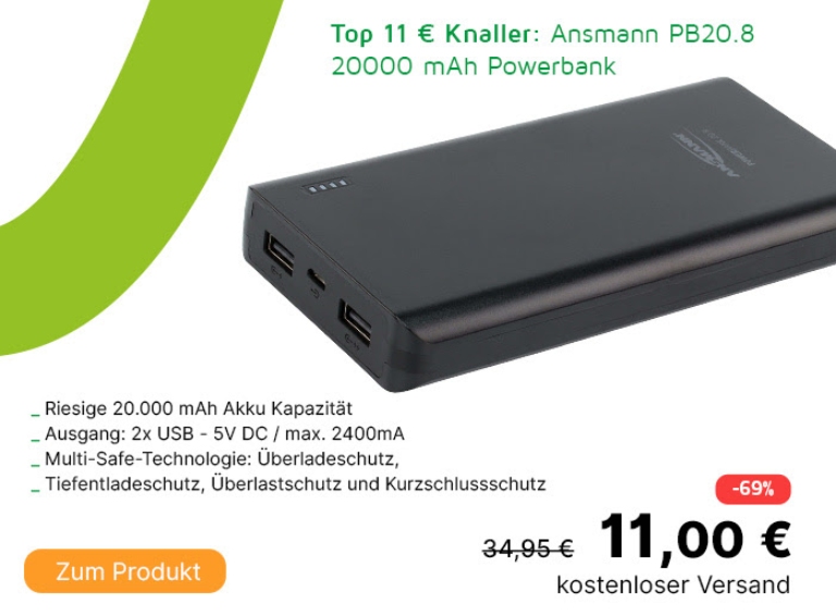 Völkner: Ansmann-Powerbank mit TÜV-Siegel für 11 Euro frei Haus