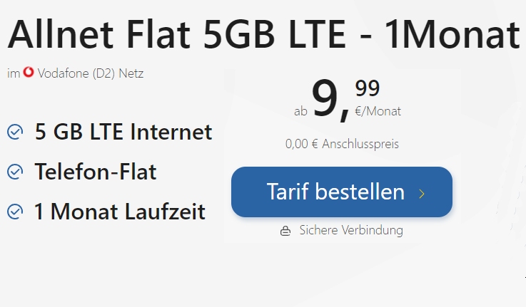 Knaller: Monatlich Kündbare LTE-Flat mit 5 GByte für 9,99 Euro