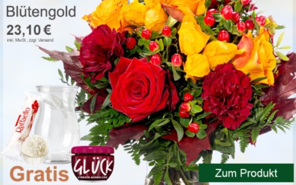 FloraPrima: Strauß mit Vase, Raffaello und Marmelade für 23,10 Euro