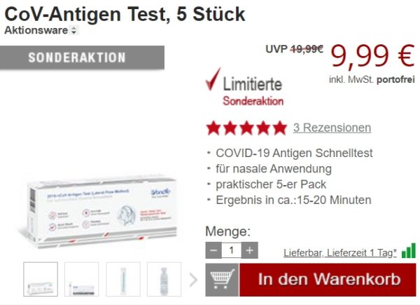 Druckerzubehoer: 5 Antigen-Schnelltests für 9,99 Euro frei Haus
