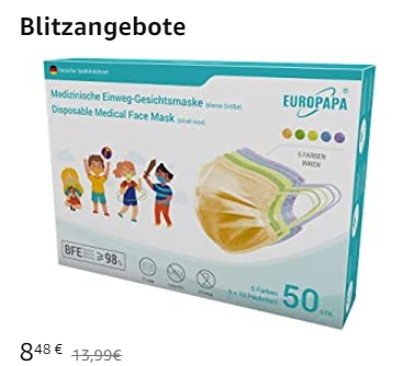 Amazon: 50er-Pack Kindermasken für 8,48 Euro als Blitzangebot